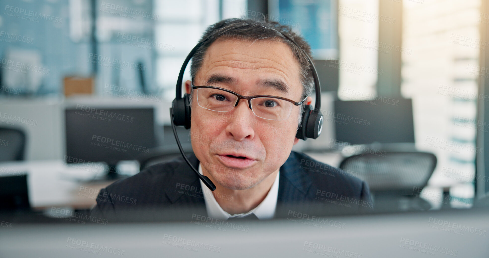Buy stock photo Mic, businessman and portrait with computer for call center, crm system and research for customer. Office, support and mature agent with headset for communication, telemarketing and service in Japan