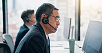 Call center, mature man and computer with customer service for technical support, FAQ assistance or help desk. Japanese agency, consultant and microphone for contact us, CRM advice and consulting