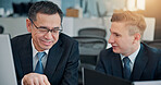 Collaboration, computer and smile of business people in office for coaching or development. Internship, job shadow or upskill with mentor and employee at work in Japan for company orientation
