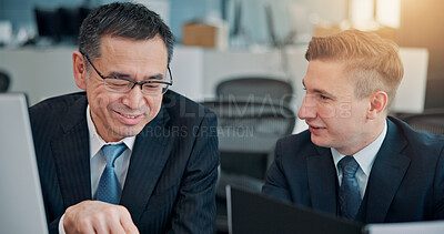 Buy stock photo Collaboration, computer and smile of business people in office for coaching or development. Internship, job shadow or upskill with mentor and employee at work in Japan for company orientation