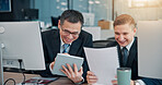 Collaboration, documents and tablet with business people in office for coaching or development. Internship, report or upskill with mentor and employee at work in Japan for company orientation