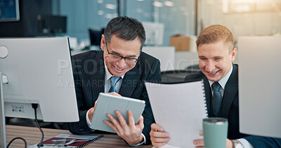 Buy stock photo Collaboration, documents and tablet with business people in office for coaching or development. Internship, report or upskill with mentor and employee at work in Japan for company orientation