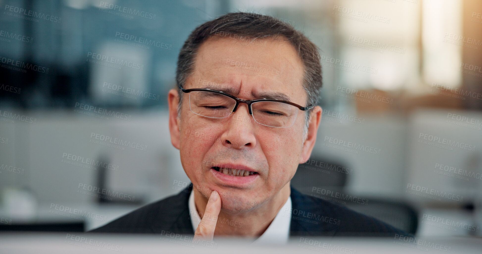 Buy stock photo Business, problem solving and thinking with mature man in office for online planning or research. Computer, doubt and glasses with confused Japanese manager in corporate workplace for administration