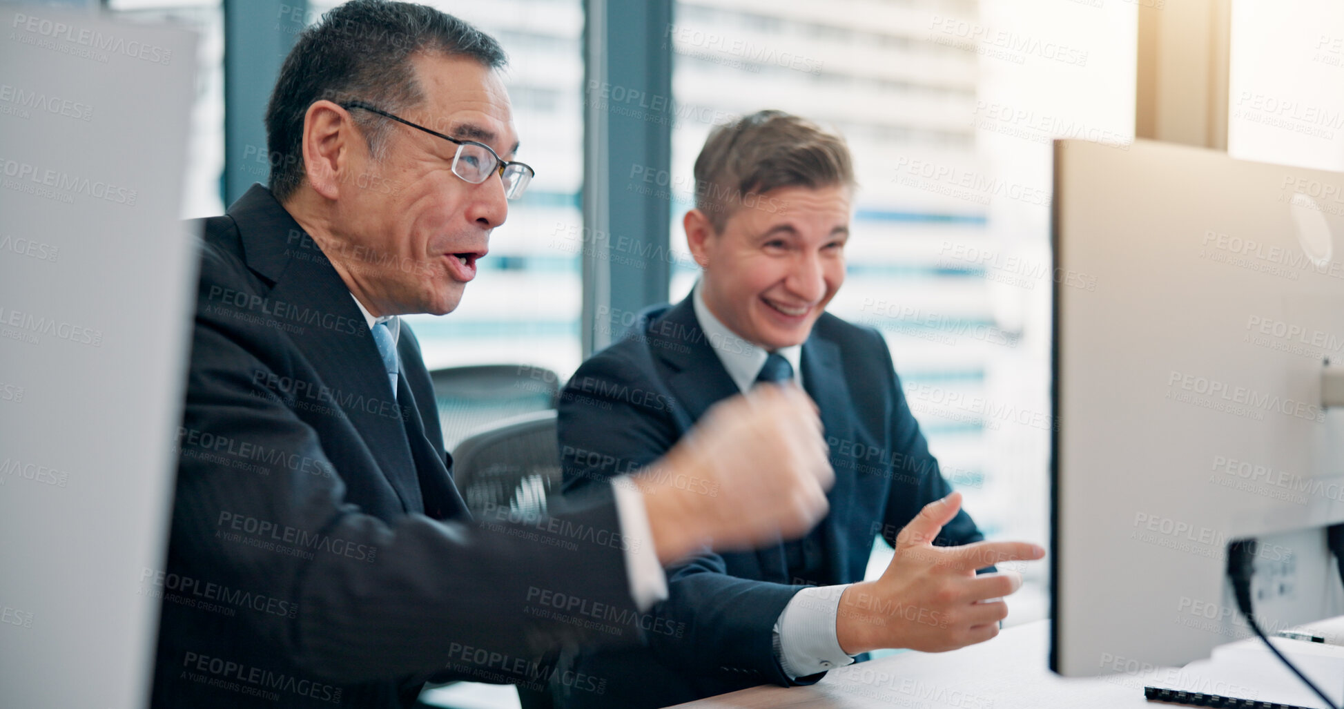 Buy stock photo Collaboration, computer and success with business people in office for coaching or development. Motivation, support or winner with mentor and employee at work in Japan for bonus or celebration