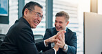 Excited, computer and success with business people in office for coaching or development. Smile, support or winner with mentor and employee at work in Japan for celebration of goals or target