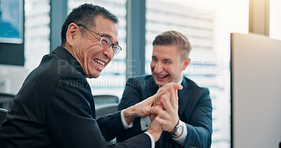 Buy stock photo Excited, computer and success with business people in office for coaching or development. Smile, support or winner with mentor and employee at work in Japan for celebration of goals or target