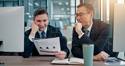 Buy stock photo Collaboration, computer and proposal with business people in office for coaching or development. Internship, documents or upskill with mentor and employee at work in Japan for company orientation