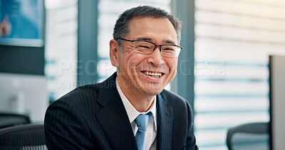 Buy stock photo Asian, businessman and portrait with glasses for company success, job or career in corporate finance at office. Japan, mature man or accountant with smile for good business, profit or positivity