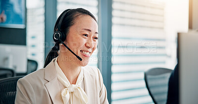 Buy stock photo Advice, businesswoman and headset with computer for call center, crm system or customer service. Office, sales support or female agent with mic for communication, telemarketing or consulting in Japan