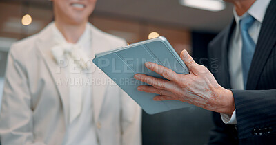 Buy stock photo Office, tablet and hands of business people in meeting for research project, online report and website. Professional, Japan company and workers on digital tech for planning, networking and discussion