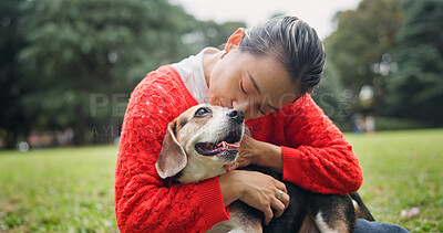Buy stock photo Nature, hug and woman with dog in forest for bonding, companion and love for adoption. Happy, connection and Japanese female person with beagle puppy for pet outdoor in woods for playing together.