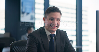 Buy stock photo Happy, portrait and businessman in office with confidence in finance career for company. Smile, pride and financial planner with positive attitude for revenue, profit or investment growth in Japan.