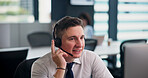Office, businessman and computer with headset for call center, telemarketing and support for customer service. Japanese, male person and agent with mic for consulting, virtual assistant and research