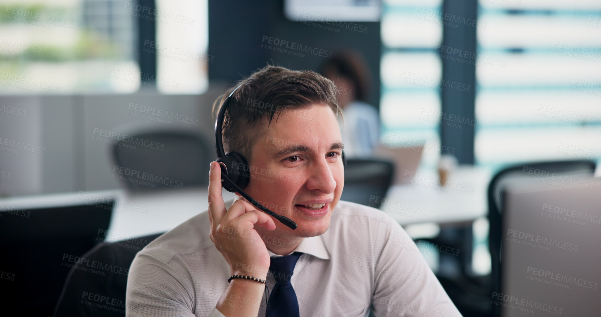 Buy stock photo Office, businessman and computer with headset for call center, telemarketing and support for customer service. Japanese, male person and agent with mic for consulting, virtual assistant and research