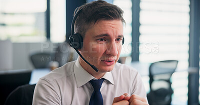 Buy stock photo Office, businessman and talking with headset for call center, telemarketing and support for customer service. Career, male person or agent with mic for consulting, virtual assistant or sales in Japan