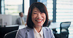 Happy, portrait and Japanese businesswoman in office with confidence in finance career for company. Smile, pride and mature female financial executive with positive attitude for revenue growth.