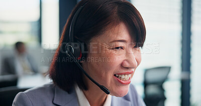 Buy stock photo Business, woman and talking with mic for call center, telemarketing and support for customer service. Japanese, female person and mature agent with headset for listening, advice and career in office