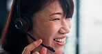 Happy, asian woman or face with headset at call center for online consulting, support or virtual assistance at office. Japan, female person or consultant agent with smile for web service at workplace