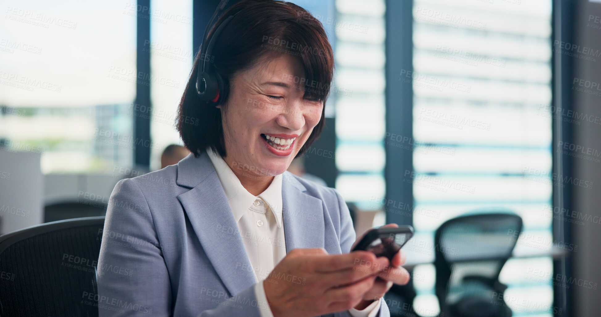 Buy stock photo Phone, hands and mature businesswoman in office with report for email with client communication. Happy, cellphone and financial planner with contact for online investment profit or revenue in Japan.