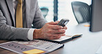 Cellphone, hands and businessman in office with report for email with client communication. Document, phone and male financial planner with contact for online investment profit or revenue in Japan.