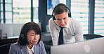 People, employees and computer as call center agents on training for customer service, help and support in Japan. Business, mature woman and man at office with teaching or assist for software updates