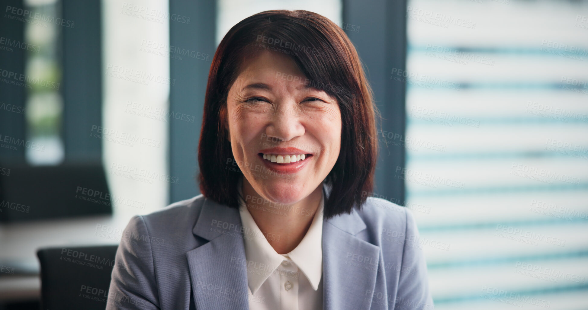 Buy stock photo Smile, portrait and Japanese businesswoman in office with confidence in finance career for company. Happy, pride and mature female financial executive with positive attitude for revenue growth.