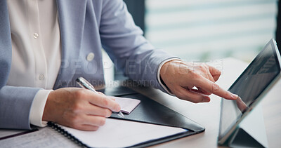 Buy stock photo Business person, hands and pointing with tablet for finance, budget planning or performance review at office desk. Japan, closeup or financial planner with technology for company audit or checklist