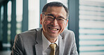 Smile, portrait and Japanese businessman in office with confidence in finance career for company. Happy, pride and mature male financial executive with positive attitude for revenue investment growth