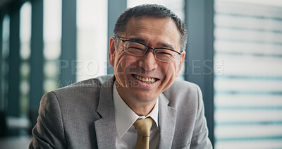 Buy stock photo Smile, portrait and Japanese businessman in office with confidence in finance career for company. Happy, pride and mature male financial executive with positive attitude for revenue investment growth