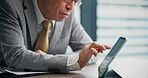 Tablet, search and hands of man in office with documents, business plan or online schedule at desk. Scroll, research and Japanese businessman on digital app for financial report with web connectivity