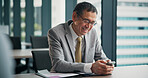 Phone, communication and mature businessman in office with report for email with client connection. Document, cellphone and financial executive with contact for online investment profit in Japan.