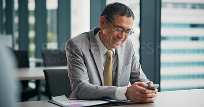 Buy stock photo Phone, communication and mature businessman in office with report for email with client connection. Document, cellphone and financial executive with contact for online investment profit in Japan.