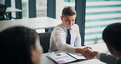 Buy stock photo Business people, handshake or meeting with interview for contract, partnership or b2b deal at office. Japan, employees or colleagues shaking hands for hiring, recruit or agreement for job negotiation