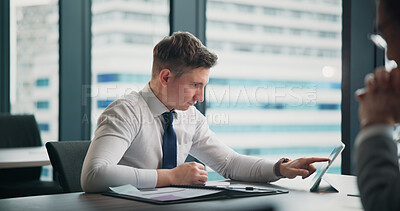 Buy stock photo Employee, man and tablet in boardroom with paperwork for company growth as business development manager. Office, people and serious on internet for report or feedback on sales and strategies in Japan