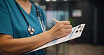 Hands, person and nurse writing on clipboard at clinic for  medical referral, diagnosis report and insurance. Surgeon, document and healthcare of checklist, prescription and surgery schedule in Japan