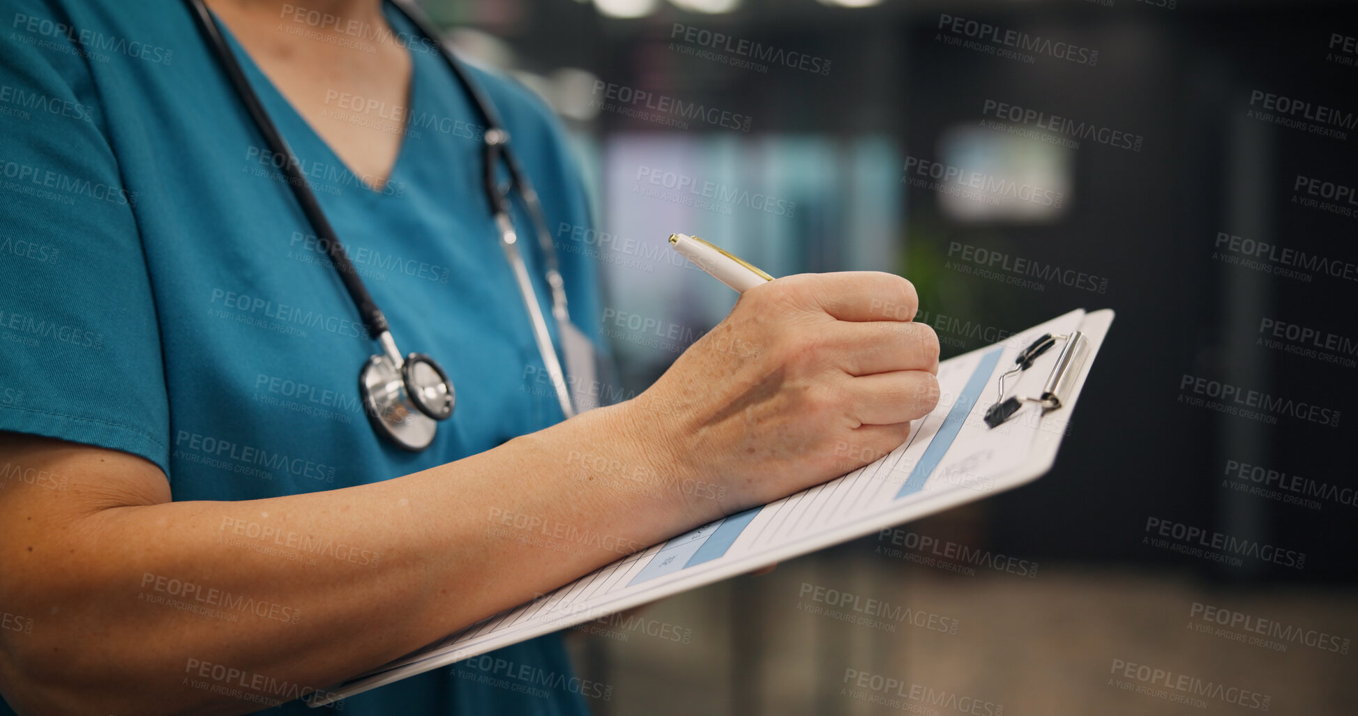 Buy stock photo Hands, person and nurse writing on clipboard at clinic for  medical referral, diagnosis report and insurance. Surgeon, document and healthcare of checklist, prescription and surgery schedule in Japan