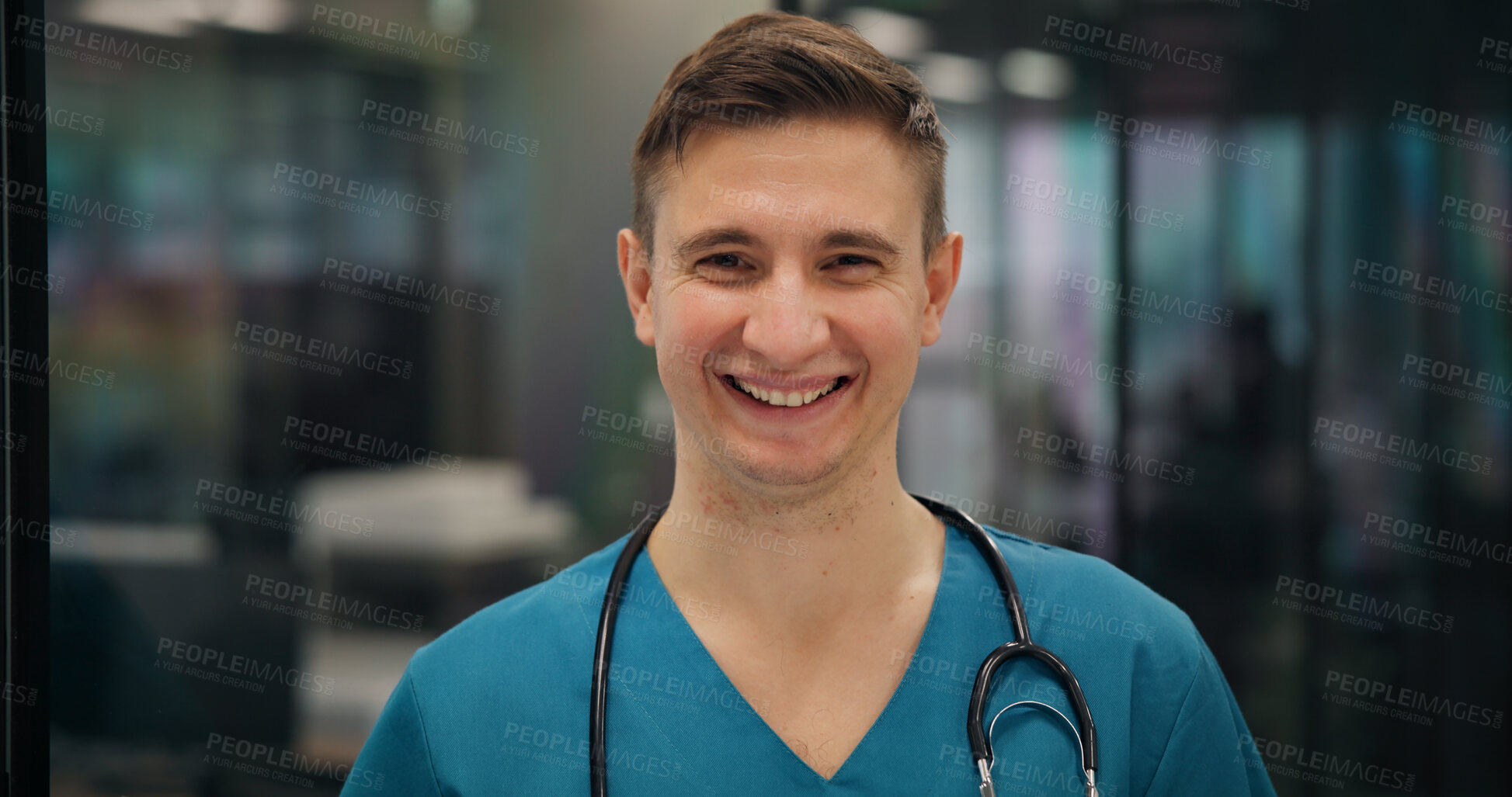 Buy stock photo Portrait, man and nurse with smile at hospital for healthcare service, medical advice and about us. Male surgeon, medicine and confident for career ambition, diagnosis and treatment wellness in Japan