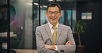 Happy, asian man or portrait with mature business owner in confidence for career, job or corporate finance at office. Japan, male person or executive with smile or arms crossed for company management