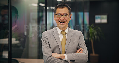 Buy stock photo Happy, asian man or portrait with mature business owner in confidence for career, job or corporate finance at office. Japan, male person or executive with smile or arms crossed for company management