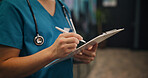 Hands, person and surgeon writing on clipboard at clinic for  medical referral, diagnosis report and insurance. Nurse, document and healthcare of checklist, prescription and surgery schedule in Japan