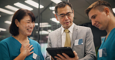Buy stock photo Tablet, doctors and business with Japanese man in hospital for planning, clinic research and healthcare study. Medical, feedback and teamwork with people and investor for vaccine trial and consulting