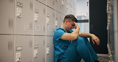 Buy stock photo Stress, man and doctor crying in hospital with healthcare mistake, error or fail in treatment. Upset, burnout and male medical worker with grief for patient loss in surgery at clinic in Japan.