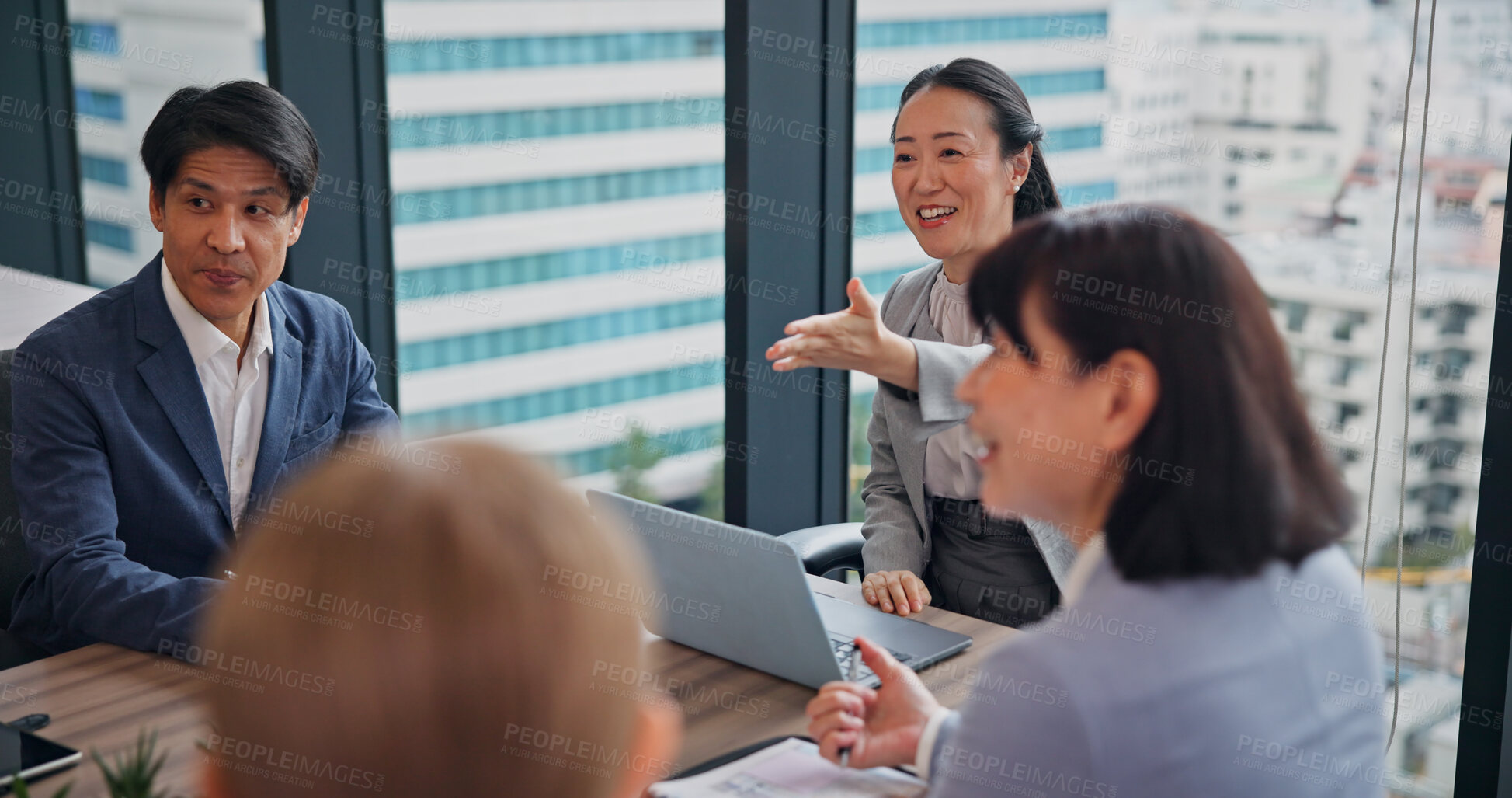 Buy stock photo Manager, business woman and team planning, meeting and work delegation in Japan. Happy leader, instruction and group brainstorming project, discussion and investment briefing on laptop in office