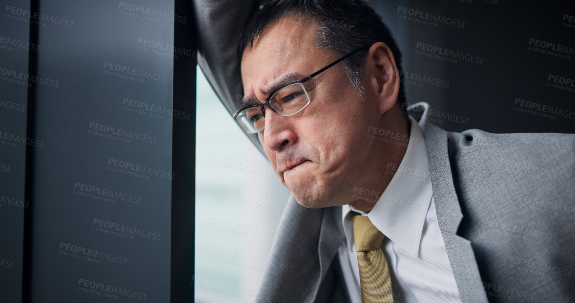 Buy stock photo Burnout, fail and stress with business man at window of office for reaction to corporate error or mistake. Bankruptcy, crisis and debt with Mature Japanese employee in workplace for recession