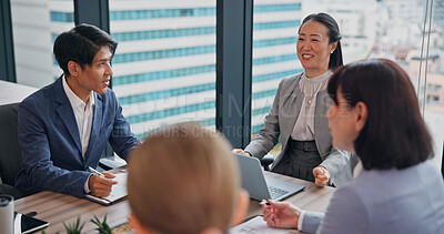 Buy stock photo Business, people and happy office for teamwork, collaboration and discussion for project in Japan. Employees, boardroom and conversation with feedback, report and update in meeting as accountant