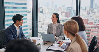 Buy stock photo Business, people and smile office for teamwork, collaboration and discussion for project in Japan. Employees, boardroom and conversation with feedback, report and update in meeting as accountant