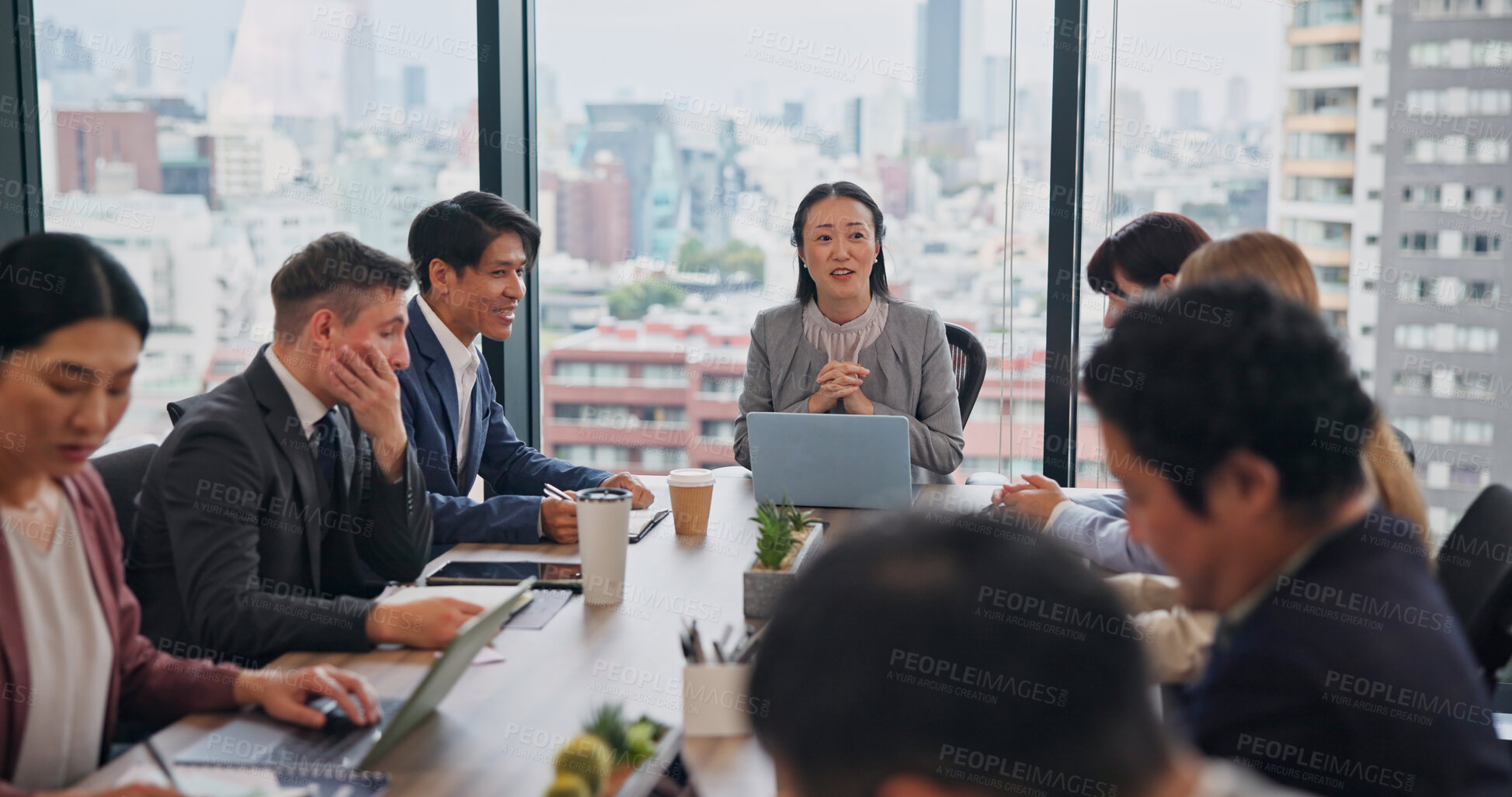 Buy stock photo Business, people and meeting at office for teamwork, collaboration and discussion for project in Japan. Employees, boardroom and conversation with feedback, report and review or update as accountant