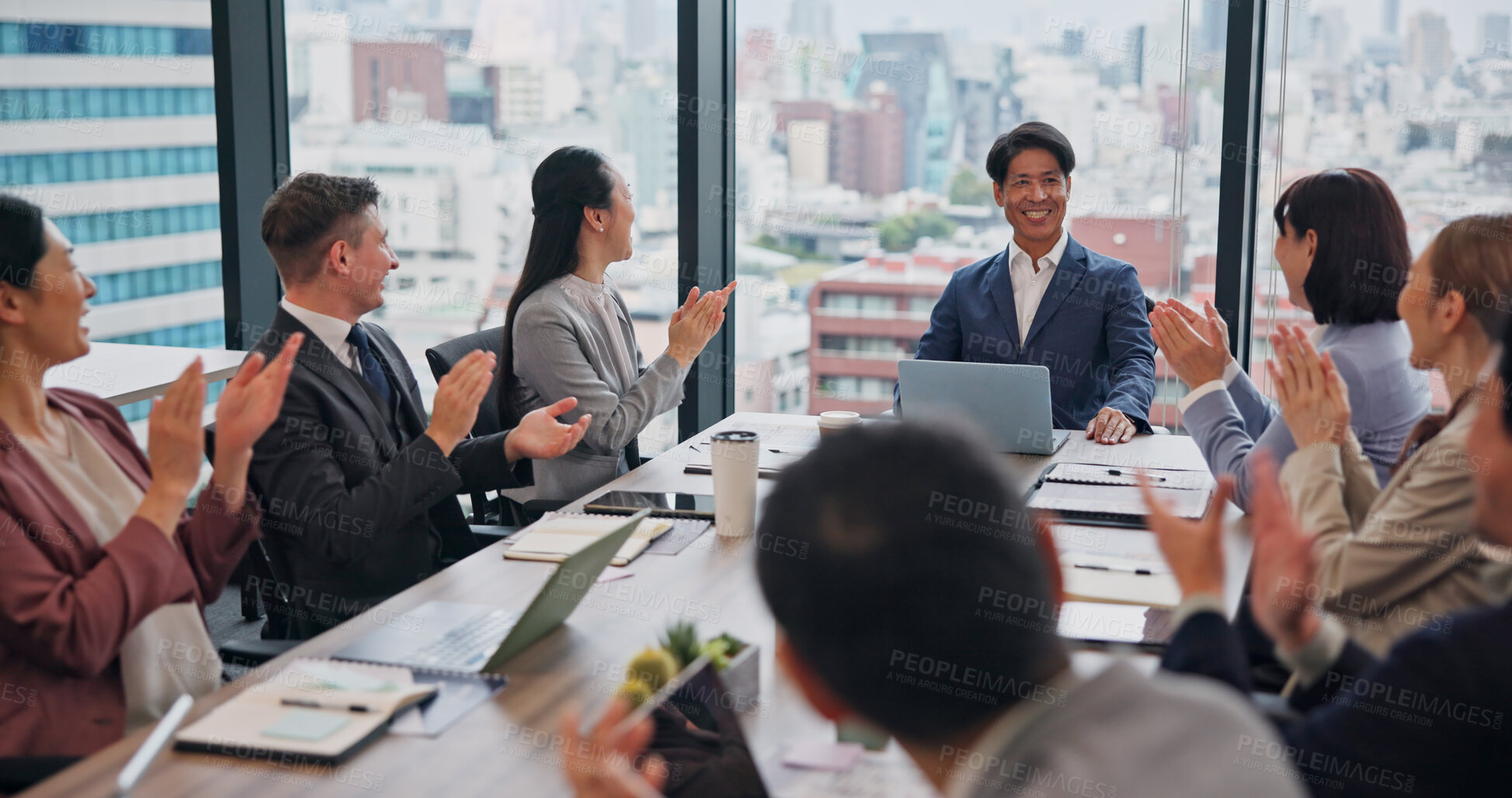 Buy stock photo Business, people and happy with applause at boardroom for achievement or congratulations on investment in Japan. Office, employees and smile proud with clapping hands as accountant for teamwork