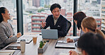 Laptop, leader and business people with meeting in japan for corporate discussion on assets or projects at office. Businessman, employees or talking with group for company budget, finance or equity