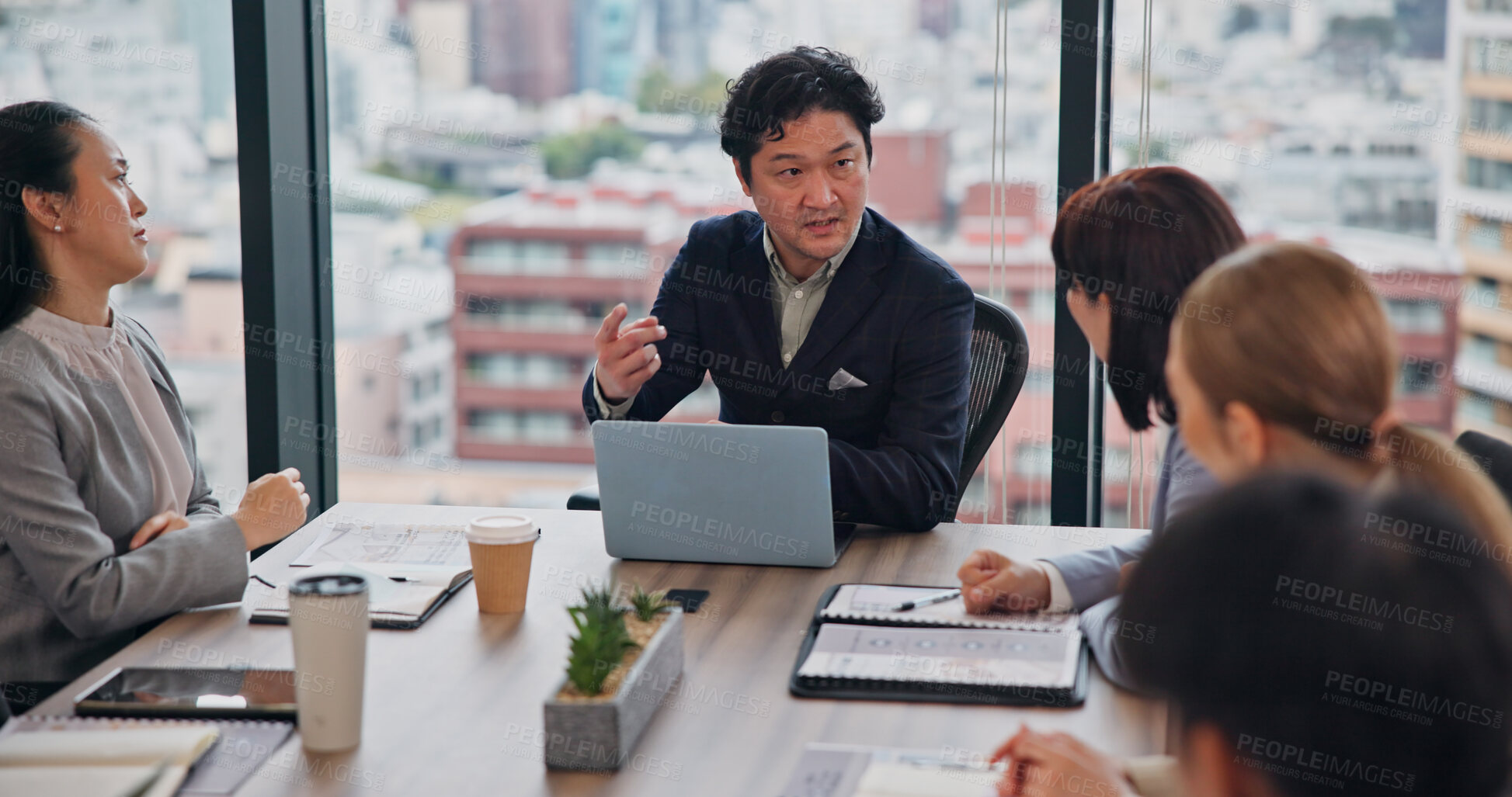 Buy stock photo Laptop, leader and business people with meeting in japan for corporate discussion on assets or projects at office. Businessman, employees or talking with group for company budget, finance or equity